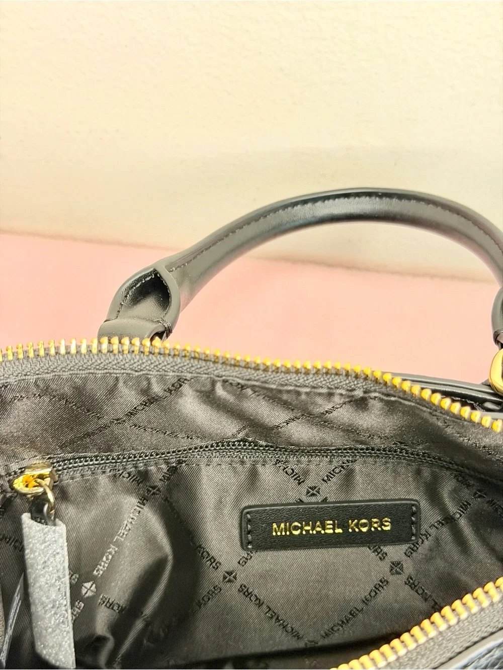 Michael Kors Black Pebbled Leather Dome Satchel with Gold Hardware